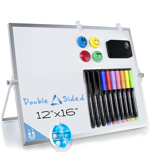 Dry Erase White Board for Kids, 16inX12in Large Magnetic Desktop Whiteboard with Stand Wall Hanger, 10 Markers, 4 Magnets, 1 Eraser, Portable Double-Sided Easel for Kids to Do List Desk Board