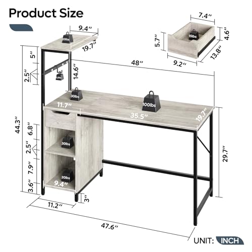 Bestier Gaming Desk with Drawer and LED Lights, 48 inch Computer Desk PC Table with Adjustable Storage Shelves & Hook for Home Office, Carbon Fiber White
