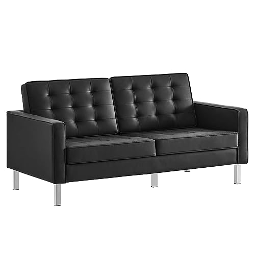 Modway Loft Tufted Button Faux Leather Upholstered Loveseat in Silver Black