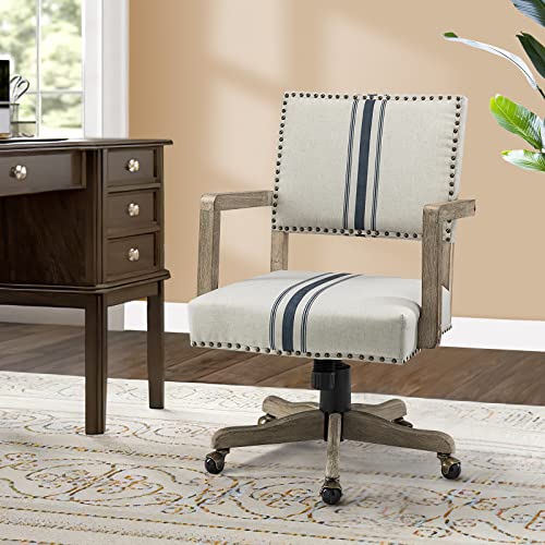 HULALA HOME Wooden Base Home Office Chair, Height Adjustable Swivel Desk Chair with Nailhead Trim and Arms, Comfy Upholstered Computer Task Chair,Navy