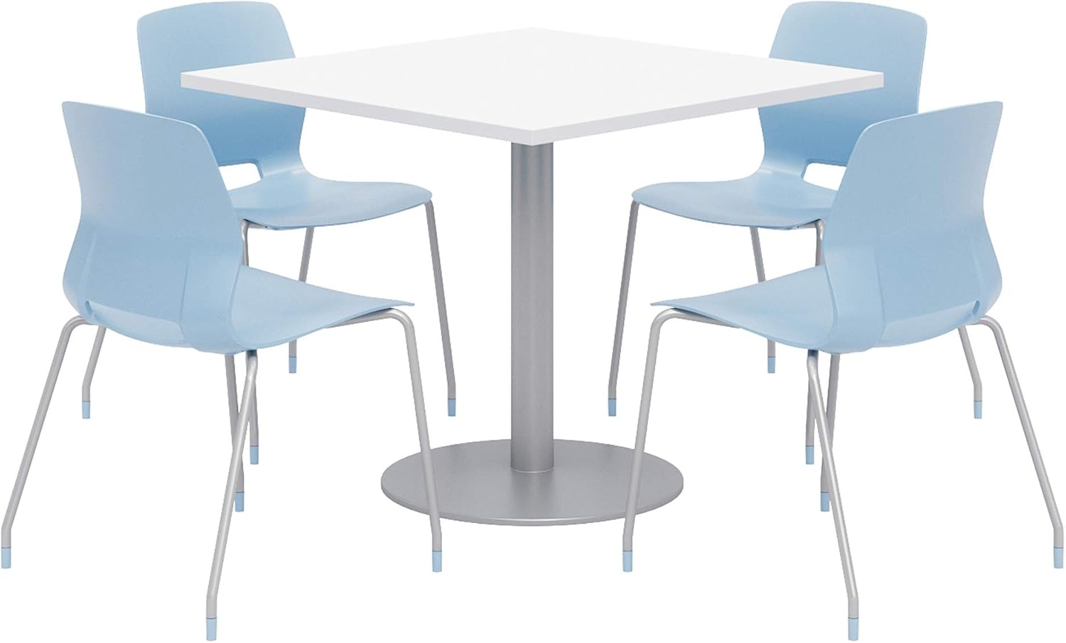 Lola Series Dining Set, Designer White Table, Sky Blue Chairs