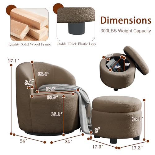 Swivel Barrel Chair with Storage Ottoman, Comfy Boucle Sherpa Accent Chairs for Living Room, Bedroom Corner, 360° Round Lounge Chair Set for Nursery, Modern Club Chair Small Arm Chair, Coffee Teddy