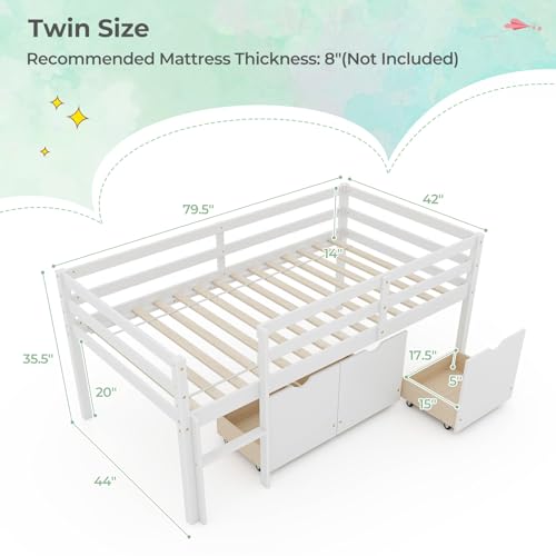 Giantex Twin Low Loft Bed with 3 Drawers, Wooden Loft Bed Frame with Ladder & Full-length Guardrails, Loft Bed Twin Size with Storage for Kids/Junior/Boys/Girls, No Box Spring Needed, Loft Bed (White)