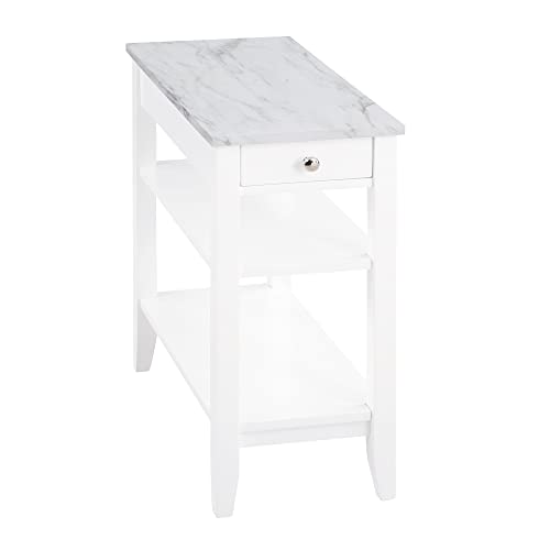 Convenience Concepts American Heritage 1-Drawer Chairside End Table with Shelves, White Faux Marble/White