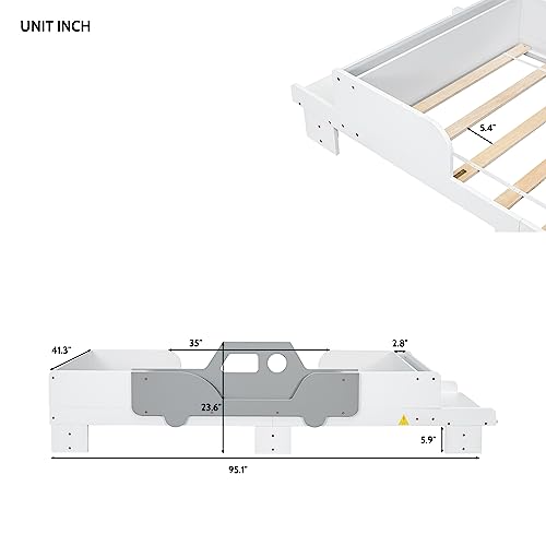 Bellemave Full Size Race Car Bed for Kids,Wood Car-Shaped Platform Bed with Storage Shelves,Car Bed Full with Wheels for Boys,Girls,(Full,Blue)