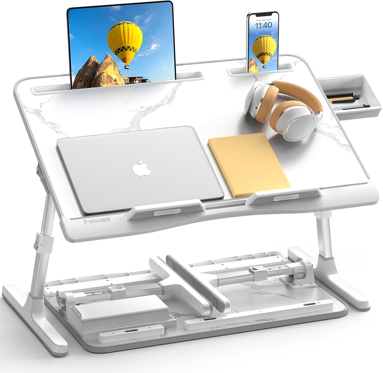 Laptop Bed Desk, Potuopy Adjustable Folding Lap Desk Tray, Stable Bed Table Tray with Drawer on Couch Floor Bed for Eating Writing Drawing Working, X-Large Marble and Large Grey