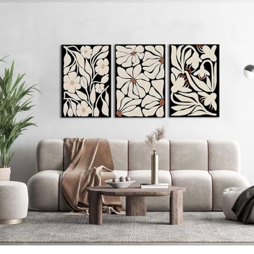 ZQARTZZQ Boho Floral Wall Art Abstract Flower Framed Canvas Prints Flower Mid Century Modern Botanical Painting Colorful Flowers Pictures Wall Decor Set of 3 for Living Room Bedroom Bathroom 12x16in