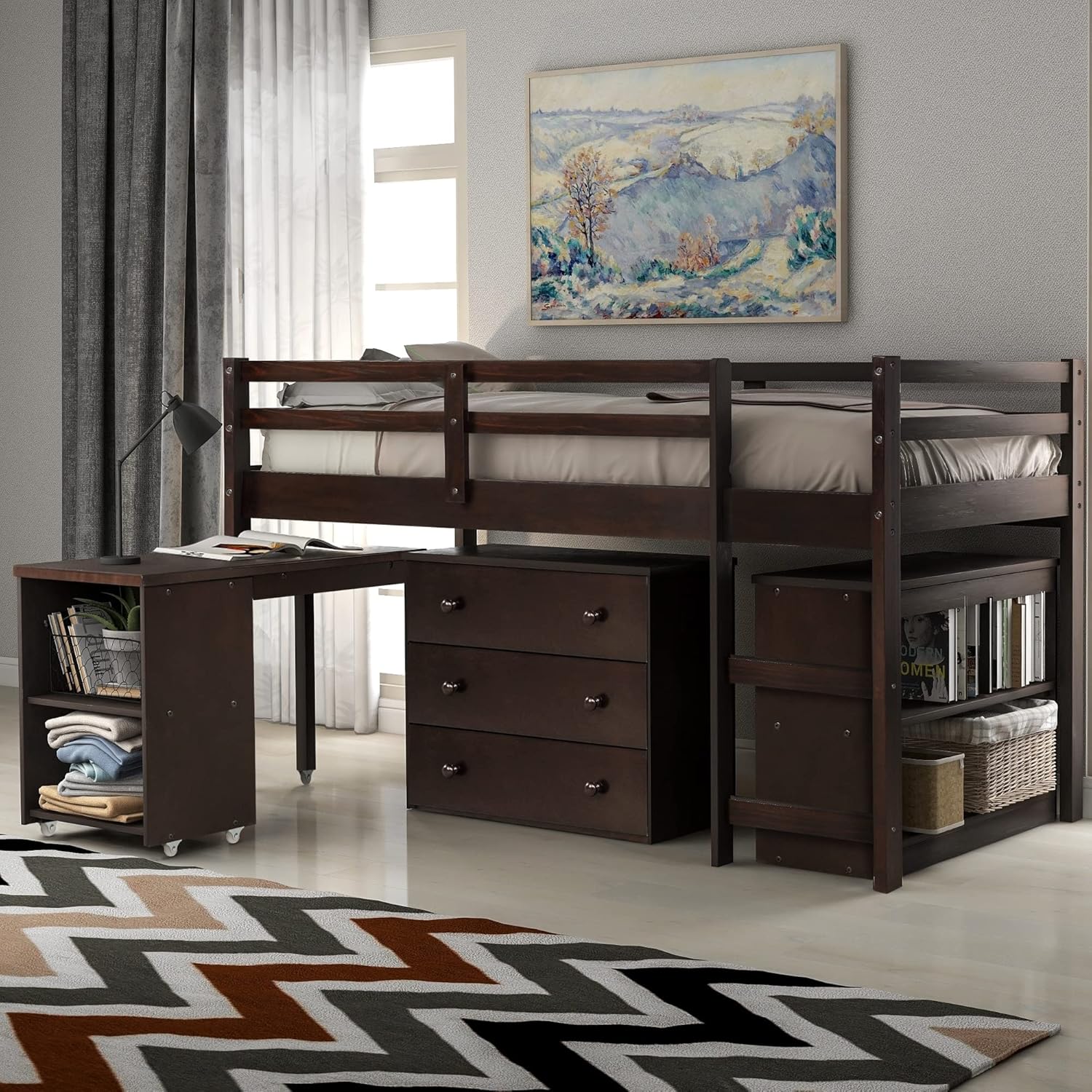 Twin Size Low Loft Bed Wood Study Bedframe with Storage Cabinet Desk Brown Modern Contemporary Rustic Unisex Nature Space Natural Finish Hidden Includes Hardware