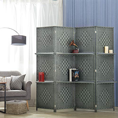 MyGift Decorative Hand Woven Bamboo 4-Panel Room Divider with 2 Tier Display Shelves & 2-Way Hinges, Gray