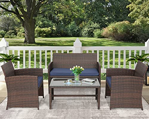 4 Pieces Outdoor Furniture Set PE Wicker Ratten Chairs Set Conversation Set Balcony Furniture with Cushion and Table for Backyard, Garden, Porch and Poolside (Dark Blue)