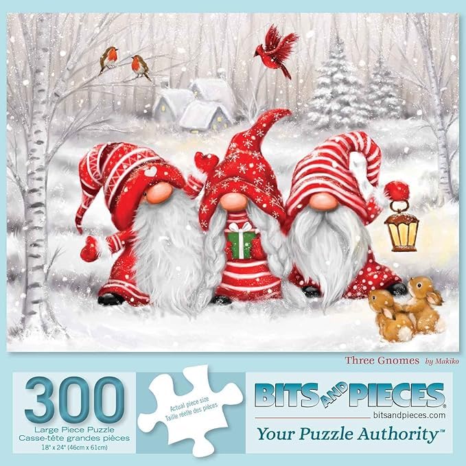 Bits and Pieces – Large 500 Piece Jigsaw Puzzle for Adults – Three Gnomes' Christmas Winter Jigsaw Puzzle by Artist Makiko, Completed Puzzle Size: 18