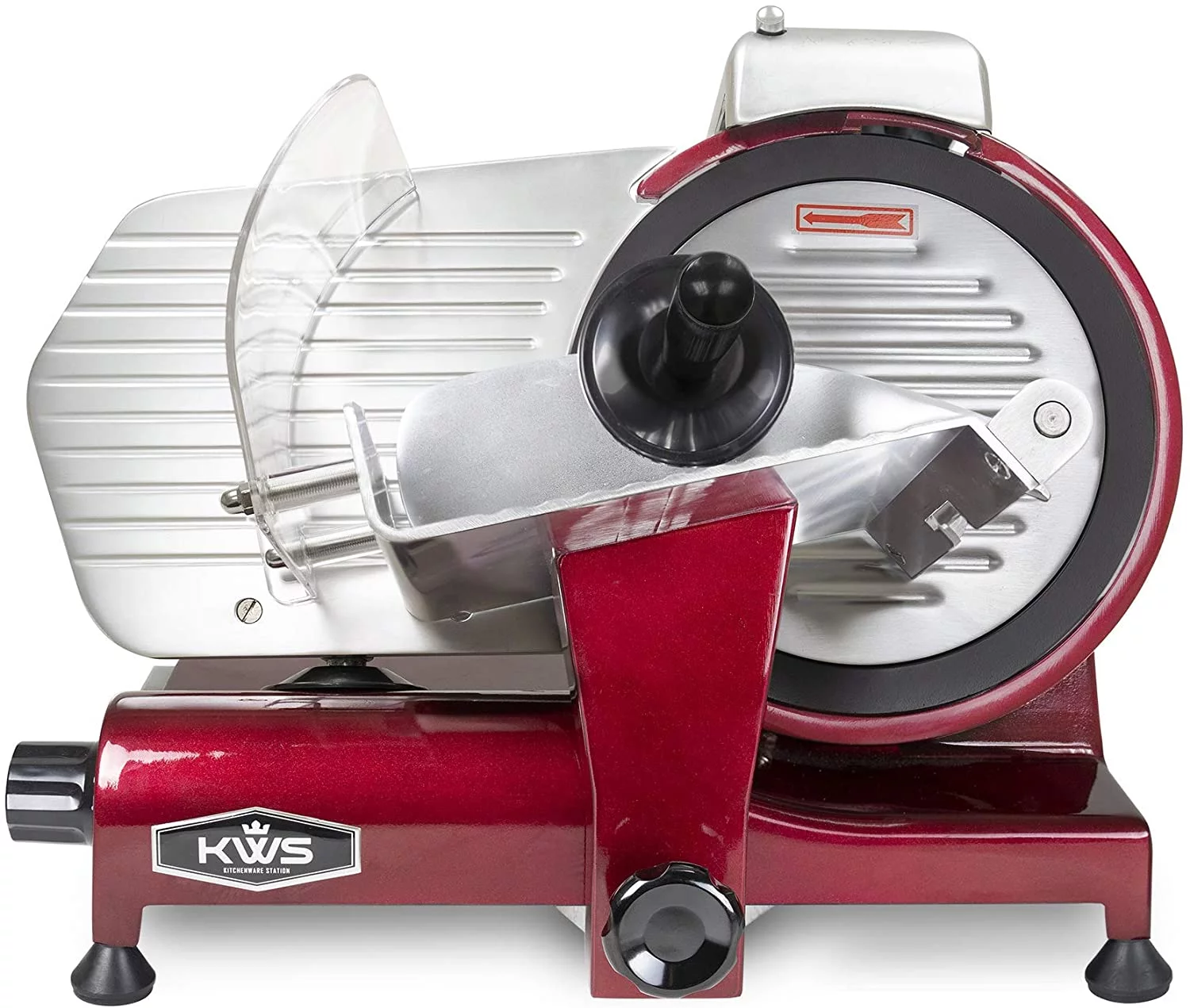 KWS MS-10XT Premium Commercial 320W Electric Meat Slicer 10-Inch in Red with Non-sticky Teflon Blade, Frozen Meat/ Deli Meat/ Cheese/ Food Slicer Low Noises Commercial and Home Use