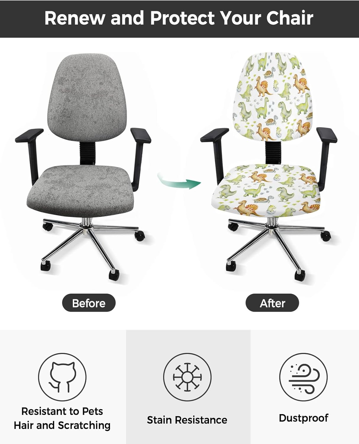 Office Chair Cover Dinosaur Protective Stretchable Universal Computer Chair Covers Cute Cartoon Animal Stretch Rotating Chair Slipcover