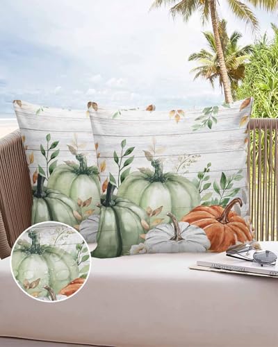 Outdoor Pillow Covers Waterproof, Green Orange White Pumpkins Throw Pillowcase Decorative Cover, Thanksgiving Leaves Wooden Garden Cushion Case Set of 2 for Sofa, Couch, Tent, Patio, 18