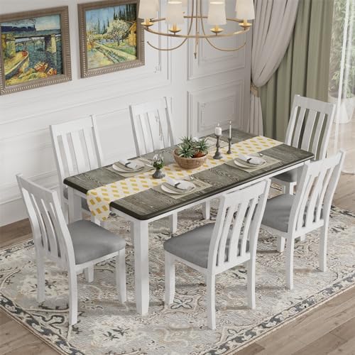 Harper & Bright Designs 7 Pieces Dining Table Set with 6 Upholstered Chairs and Extendable Tabletop, Solid Wood Kitchen Dining Room Table Set, Brown Tabletop + White