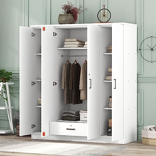 Merax 4 Door Wardrobe Cabinet Closet with Storage Drawers, Shelves and Hanging Rail for Clothes, Bedroom Organizer, White