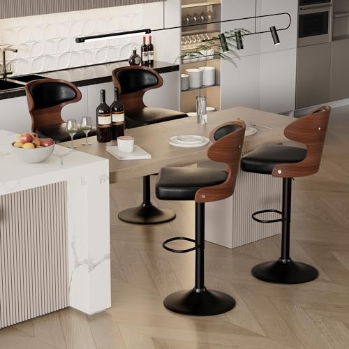 Bar Stools Set of 4,Counter Height Bar Stools,Adjustable Faux Leather Upholstered Swivel Counter Stools, Bentwood Barstools with Back & Footrest,Bar Chair for Dining Room,Kitchen,Black