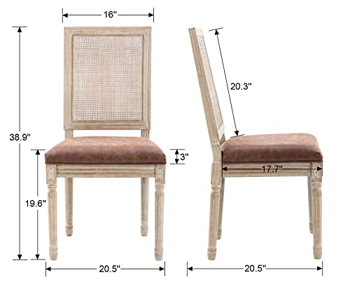 Vintage Dining Chairs Set of 2 Farmhouse Leather Rattan Chair with Round Back, Solid Wood Carved Legs French Bistro Chairs for Dining Room/Living Room/Kitchen/Restaurant, Black