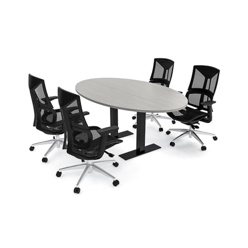 4 Person Meeting Room Set Up | Conference Table And Chairs Set | 6ft Oval Meeting Table And 6 Executive Mesh Chairs In Black | Harmony Series | Asian Night Matte Black Base With Electric