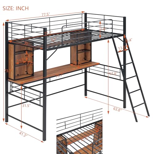 Merax Twin Size Metal Loft Bed Frame with Desk and 2 Shelves,Convertible Ladder and Guardrails for Boys and Girls,White