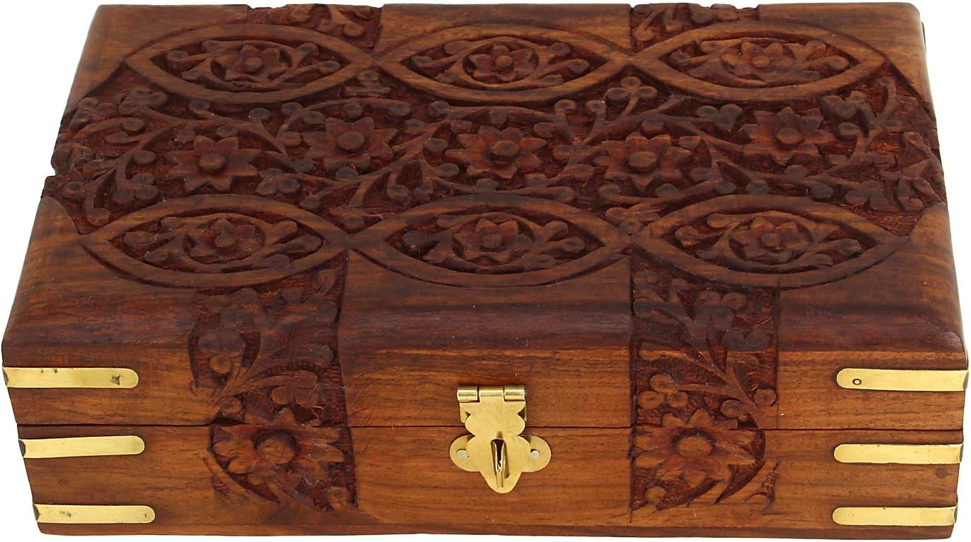 Ajuny Hand Carved Wooden Decorative Floral Carvings Multipurpose Storage Organiser Keepsake Jewellery Box 20x12.5x6.5 CM