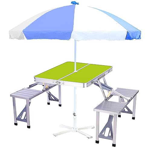 Portable Camping Picnic Table Set with Four Chairs and Umbrella Hole, camp kitchen table, 4-Seats Aluminum Fold Up Travel Picnic Table for Indoor, Outdoor Travel, Patio, Lawn, Garden ( Color : White ,