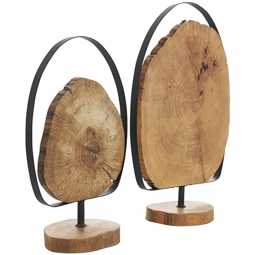 Deco 79 Wood Abstract Handmade Decorative Sculpture Live Edge Slab Home Decor Statues with Black Metal Rings, Set of 2 Accent Figurines 18