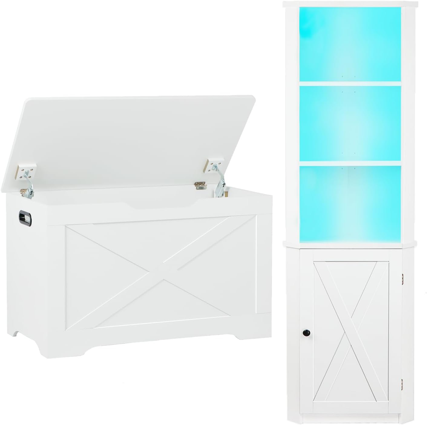 Storage Chest and Corner Cabinet Bundles, Large Toy Chest, Storage Trunk, Tall Storage Cabinet with LED Lights, Tall Corner Bookshelf for Living Room, White