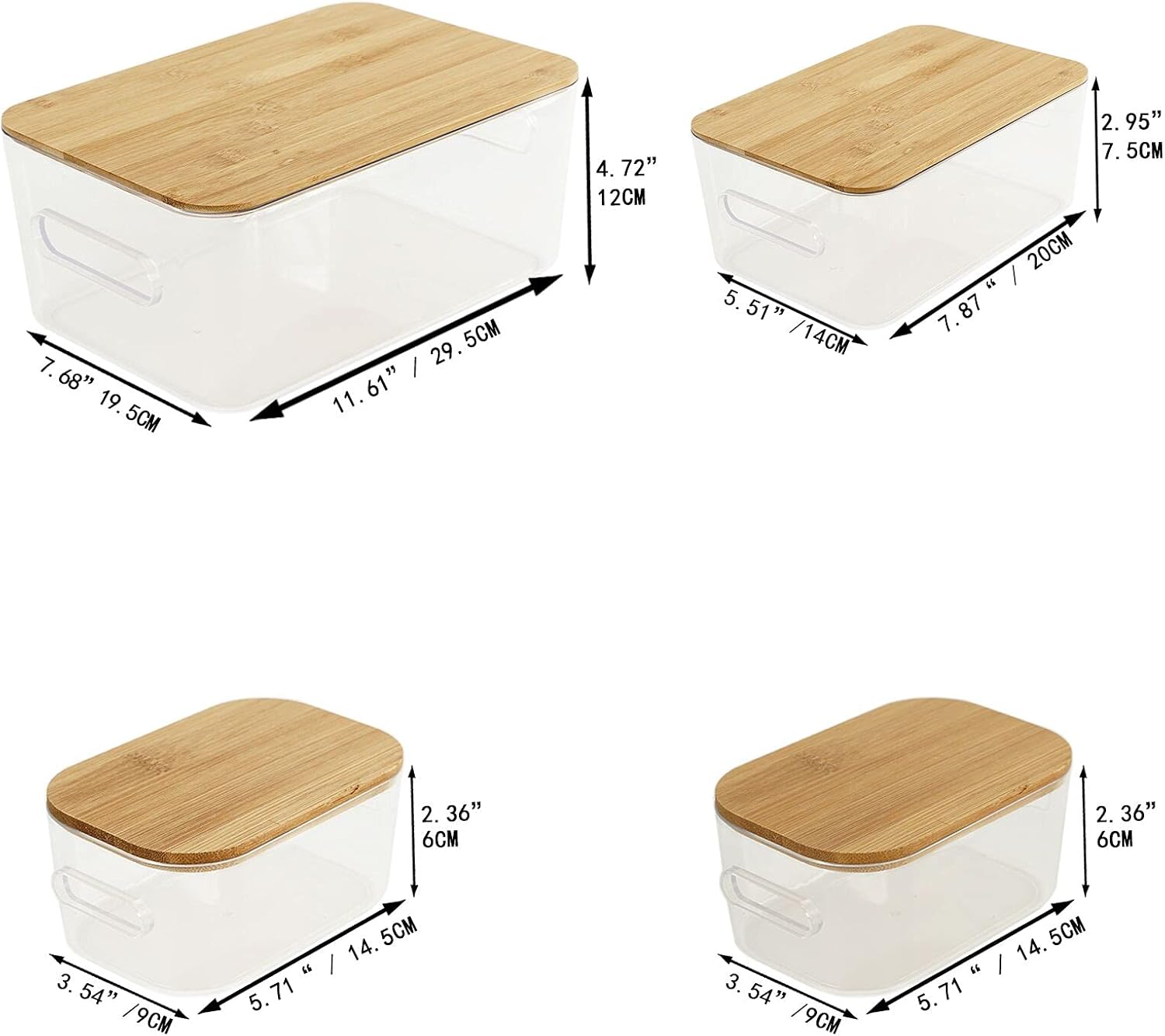 Organizer,Clear Plastic Storage Organizer Bins with bamboo Lids for Home Office, Kitchen, Cupboard, Pantry Shelves, Medicine Cabinet, Craft Rooms - 3 sizes - 4 Pack