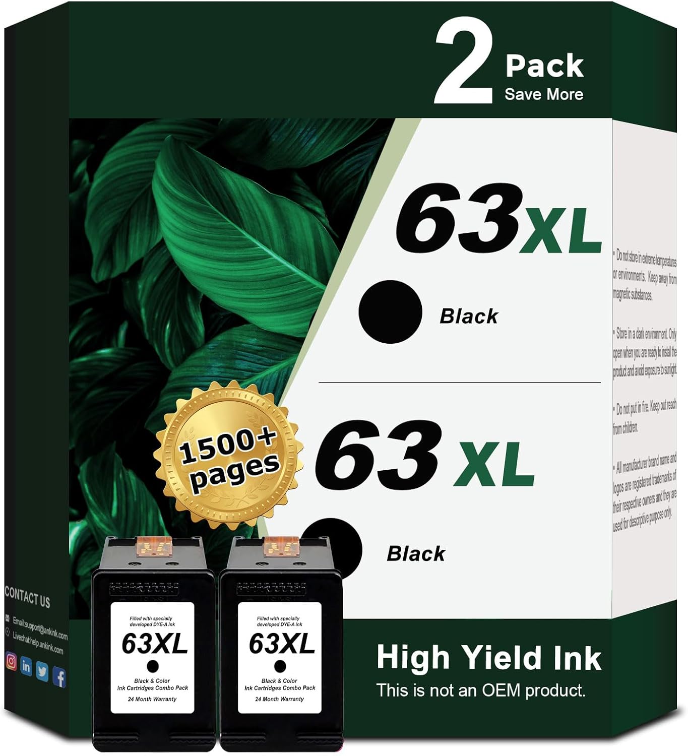 Ankink Remanufactured Ink Cartridge Replacement for HP Ink 63 XL 63XL (Black 2-Pack) Work with HP63 3830 4650 4652 4655 5200 5252 5255 5258 4520 4512 1112 2132 3630 3632 Printers 2 BK