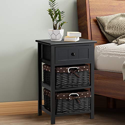 Giantex Nightstand with Drawers Wooden, W/ 2 Storage Baskets and Open Shelf for Bedroom, Bedside Sofa End Table (1, Black)