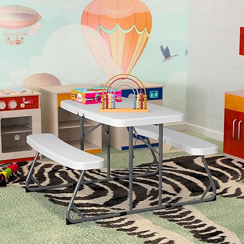 BizChair Easy-Fold Kids Outdoor Picnic Table and Benches - Commercial Grade Folding Plastic Play Table - Recommended for up to Age 5 - White