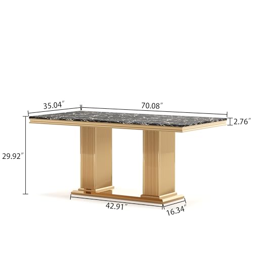 White Marble Dining Table for 6 Luxury Faux Marble Kitchen Table with Gold Mirrored Stainless Steel Base, 70