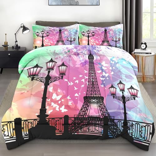 Comforter Set Full Size, Vintage Love Retro Soft Bedding Set for Kids and Adults, Paris Eiffel Tower Vintage Comforter Set with Pillowcase, for Home Bedroom Bed Decor