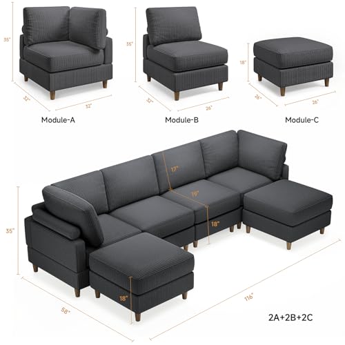 Modular Sectional Couch, Convertible U Shaped Couch with Chaise, Oversized 4 Seater Couch with 2 Ottomans, Comfy Corduroy Couch for Living Room, Dark Grey
