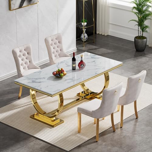 Henf White Marble Dining Table Set for 6, 7 Piece Modern Faux Marble Kitchen Dining Table and 6 Grey Velvet Upholstered Chairs w/Stainless Steel Legs, Luxury Gold Kitchen Dining Table and Chairs Set
