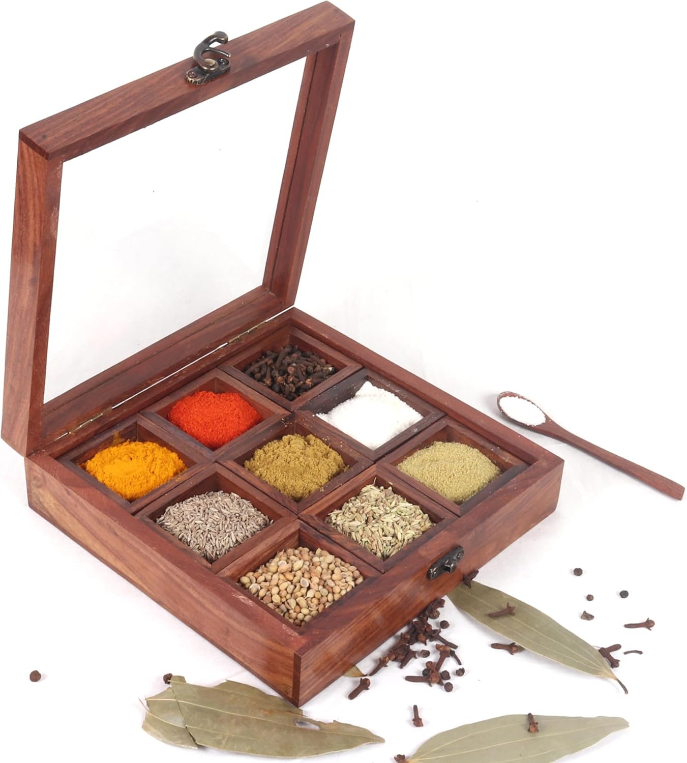 Wooden Spice Box with 9 Containers & Spoon in Sheesham Wood | Indian Spice Boxes for Kitchen, Masala Dabba, Masala Daani, Namak Dani, Multipurpose, BRWON