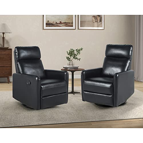 HULALA HOME Faux Leather Recliner Chair, 360 Degree Swivel Rocking Recliner Sofa Armchair, Home Theater Manual Reclining Chair for Living Room, Navy