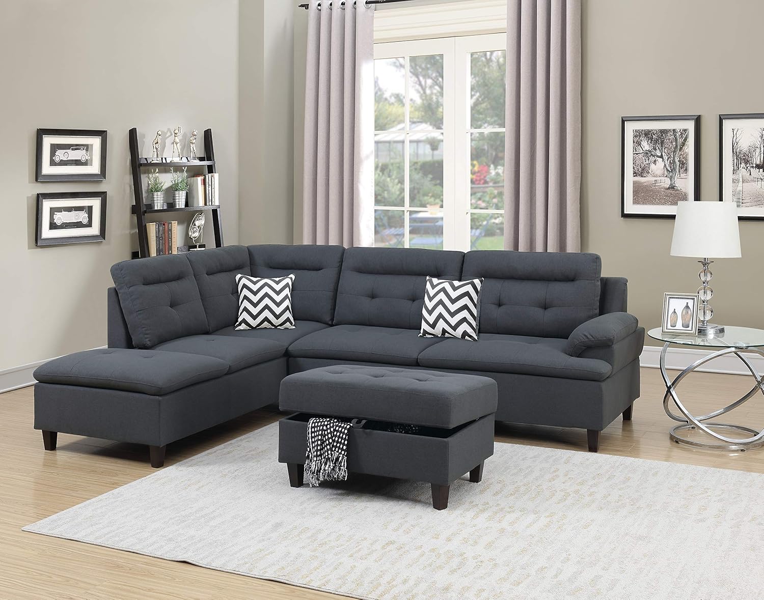 Living Room Furniture Charcoal Cushion Sectional w Ottoman Linen Like Fabric Sofa Chaise