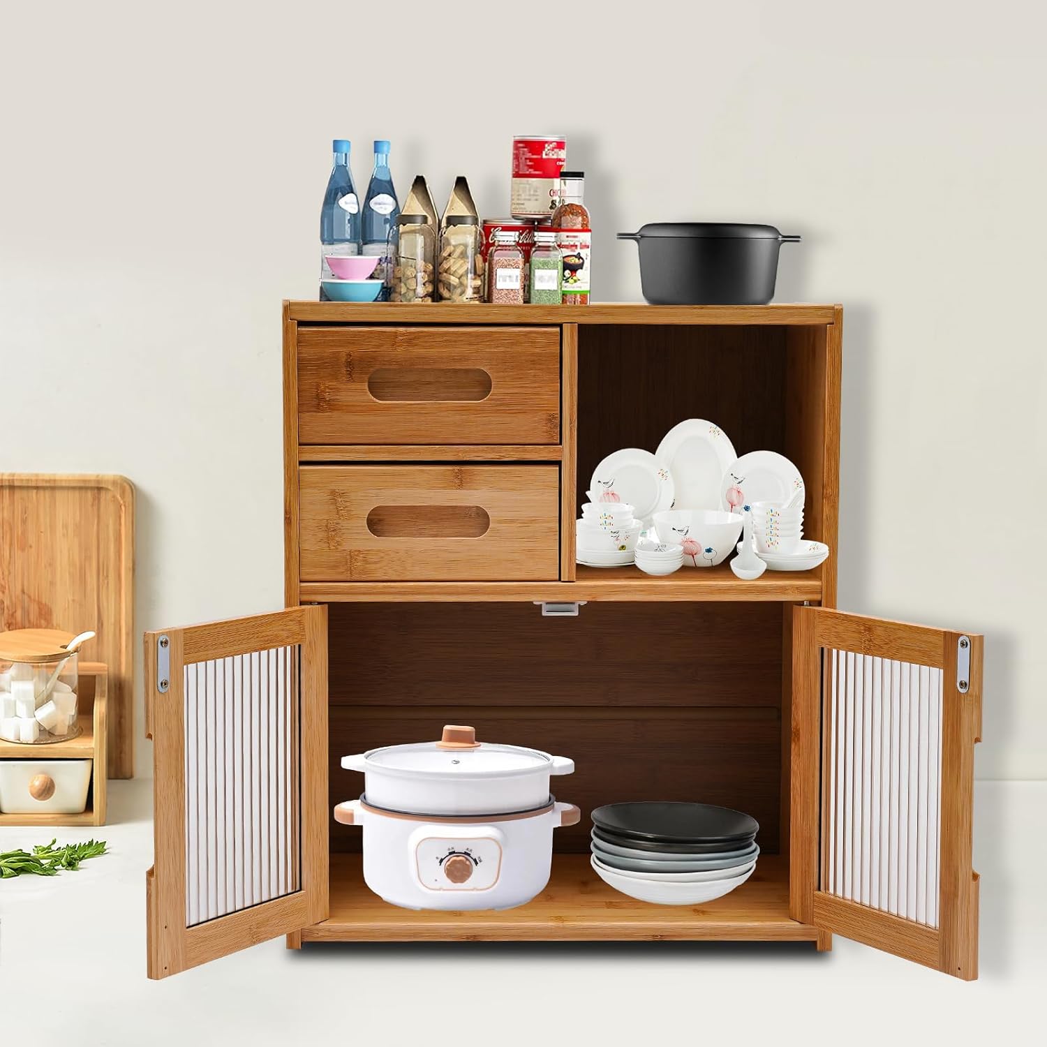 Kitchen Storage Cabinet,Bamboo Kitchen Pantry,Floor Mount Kitchen Pantry,Kitchen Pantry Sideboard,Wood Color,(16.5 * 9 * 18.9in,5.5 lbs),for Kitchen, Dining Room, Hallway, Living Room