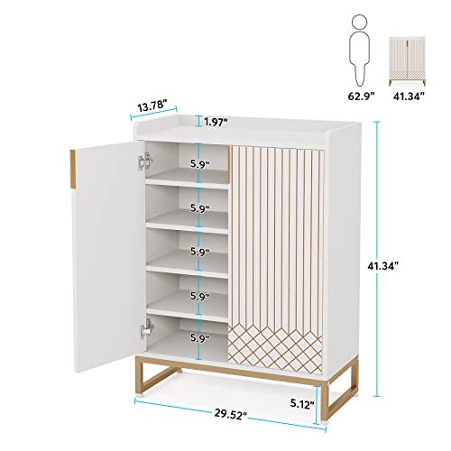 Tribesigns White, 25 Pair Shoe Cabinets with Doors, 5-Tier Modern Shoe Rack Organizer Cabinet, Freestanding Wood Storage Cabinet with Gold Metal Frame for Bedroom Hallway Living Room