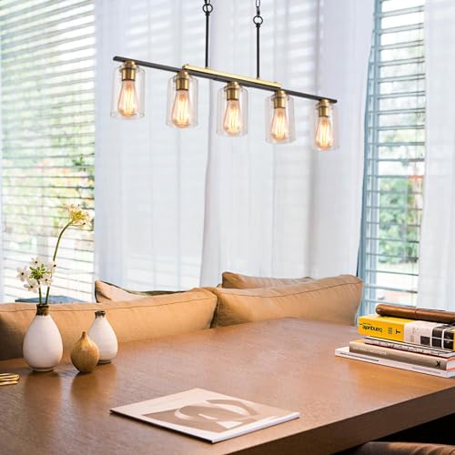 Kitchen Island Lighting,5-Light Farmhouse Pendant Lights,Black Kitchen Pendant Lighting Fixture Over Island with Glass Shade and Adjustable Rods (Bulb not Included)