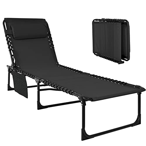 Folding Chaise Lounge Chair with Pillow and Pocket, 3 Reclining Positions for Patio, Lawn, Beach, Pool, Camping- Blue, 280lbs