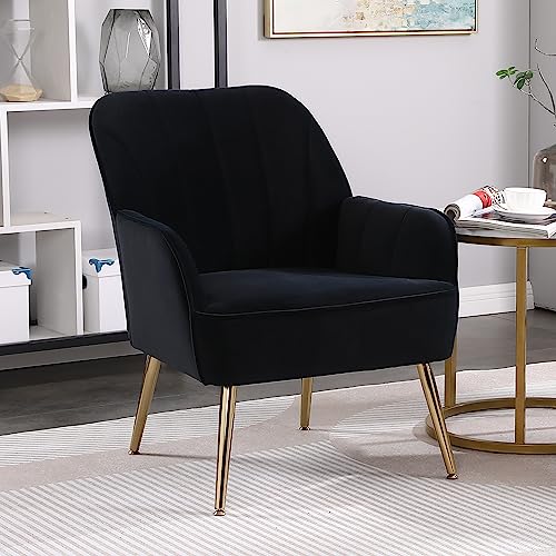Yoluckea Modern Accent Chair Velvet Upholstered Armchair with Golden Legs, Comfy Tufted Club Chair Reading Chair, Comfortable Bedroom Chair Living Room Arm Chairs, Orange