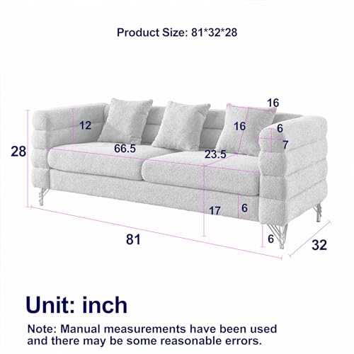 81'' Oversized 3 Seater Sectional Sofa, Living Room Comfort Fabric Sectional Sofa - Deep Seating Sectional Sofa, Soft Sitting with 3 Pillows for Living Room,Bedroom,White Teddy
