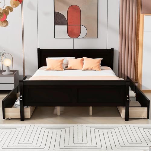 SOFTSEA Full Bed Frame with Center Legs, Solid Wood Platform Bed Frame with Headboard and Wooden Slats, No Box Spring Needed (Full, Espresso)