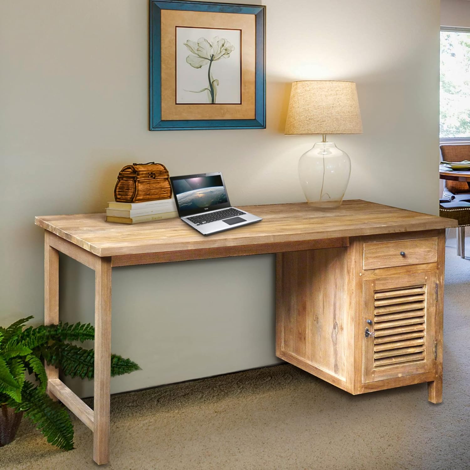 Recycled Teak Wood Louvre Writing Desk with 1 Door & Drawer
