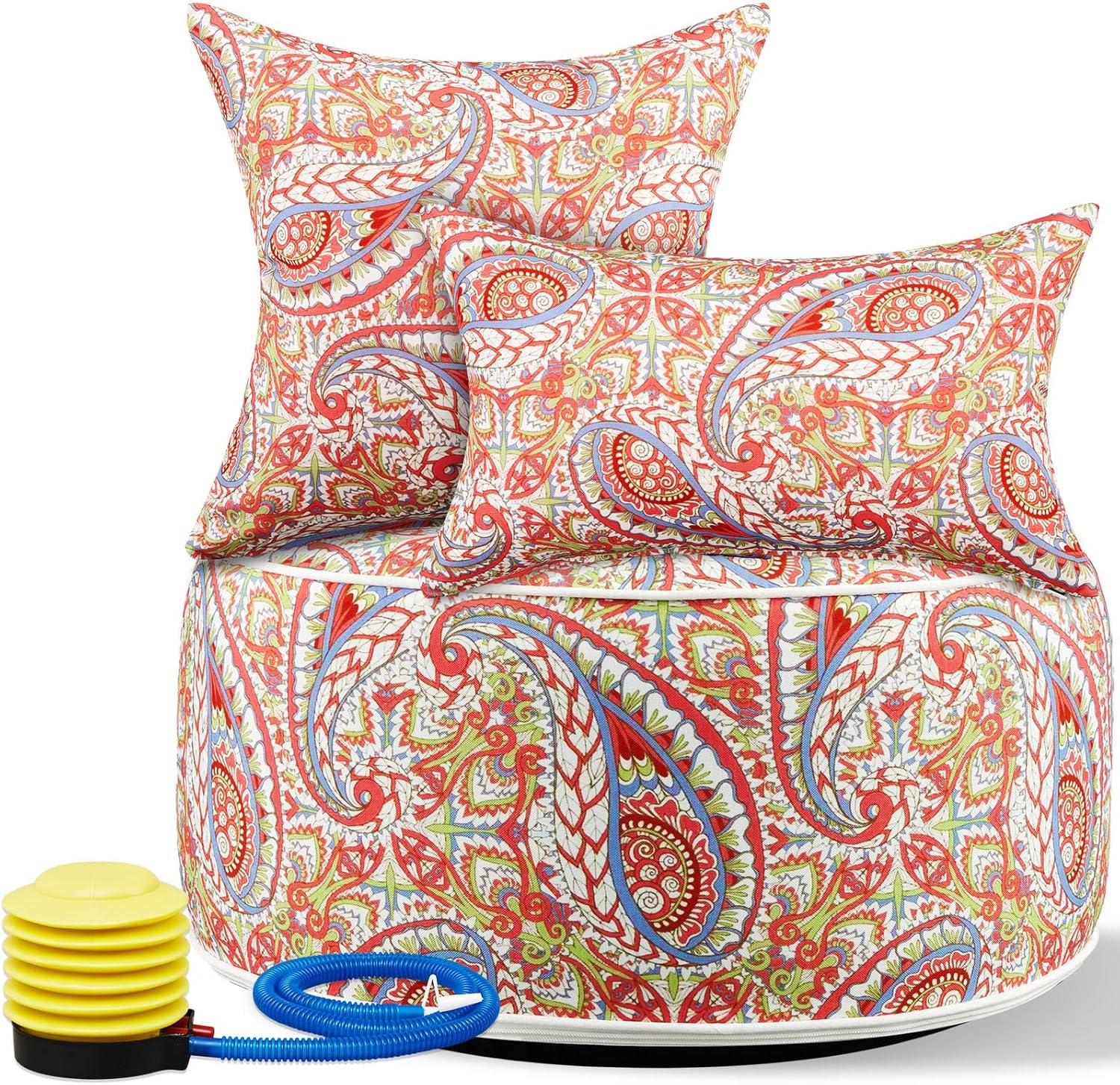 3 Pcs Indoor Outdoor Inflatable Ottoman Inflatable Lumbar Pillow and Toss Pillows, Fade Resistant Round Footrest Stool D21''x H9'', Portable for Patio Garden Camping or Home (Paisley)