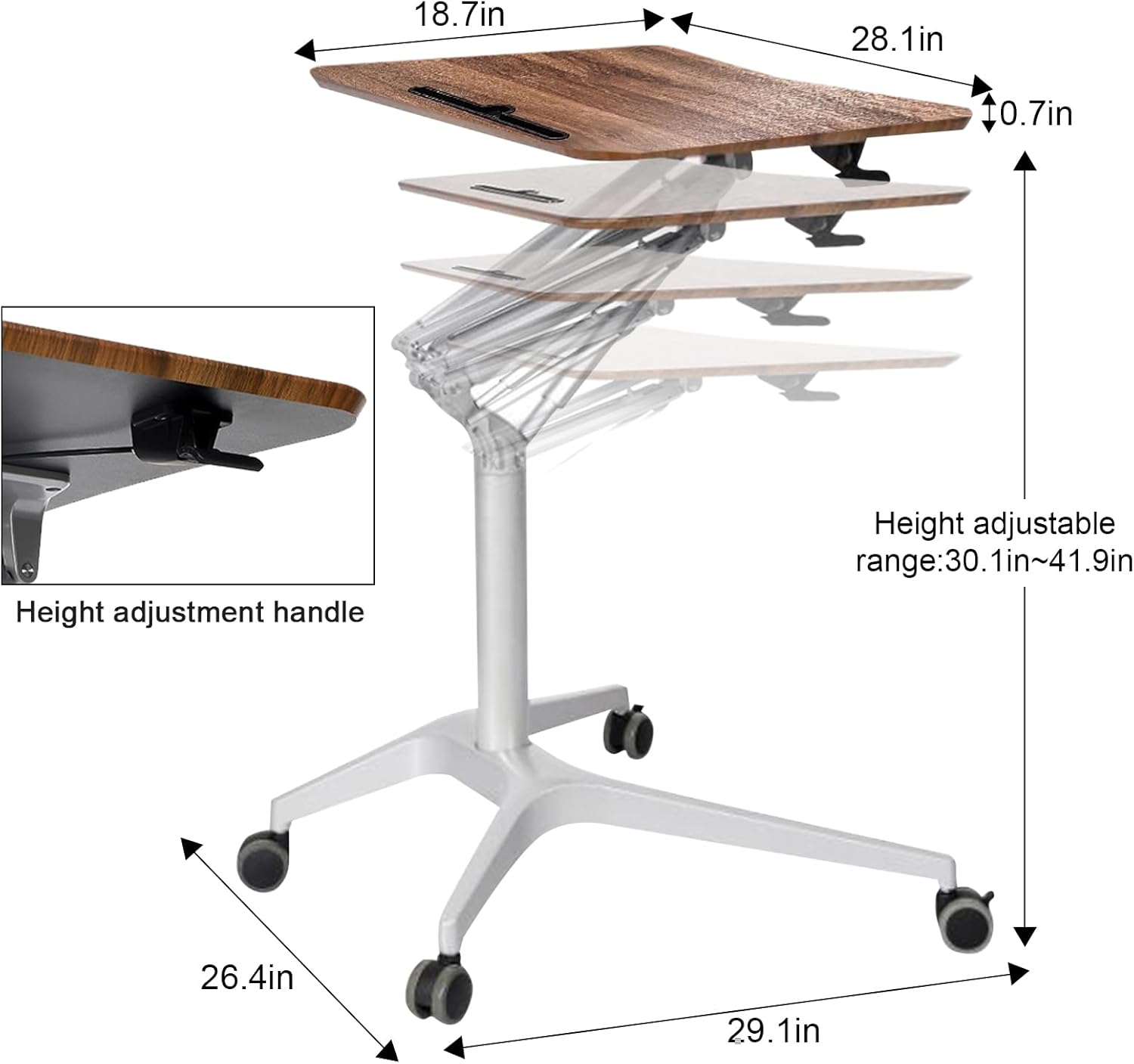 Standing Desk Adjustable Height Small Rolling Laptop Stand Desk,41.9in Standing or Sitting Computer Workstation with Wheels for Home Office Bedside Laptop Cart