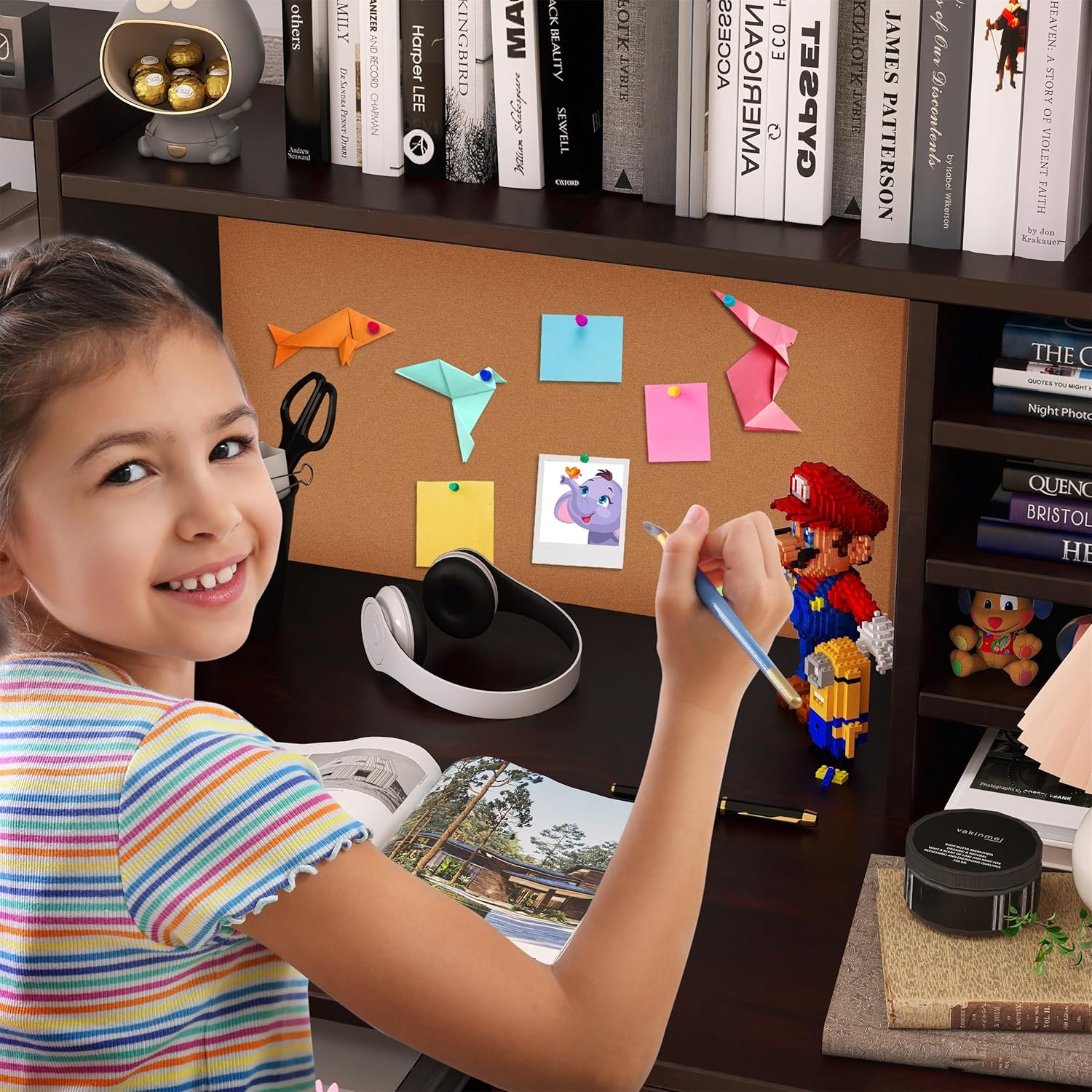 Espresso Desk and Chair Set for 5-12 Year Old, Computer Desk with Storage Shelf, Study Table with 4 Drawers-mJpx